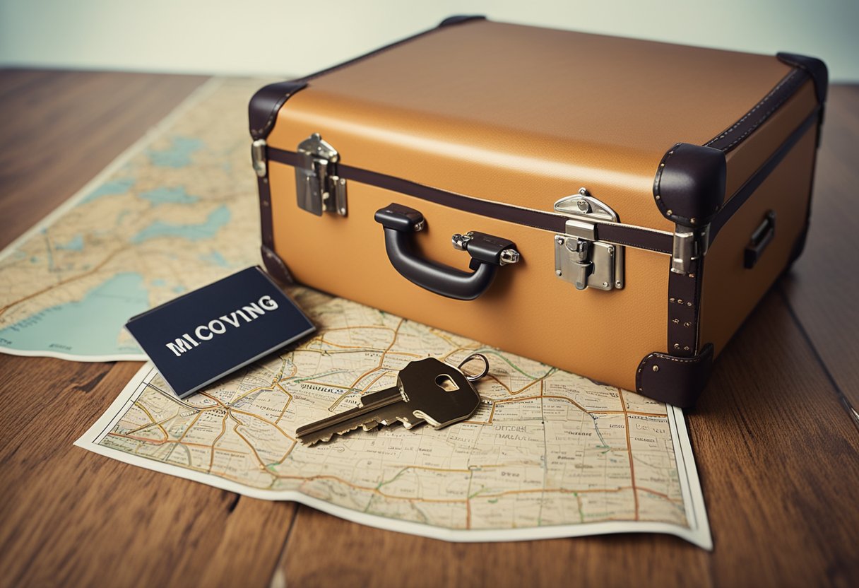 A cardboard box labeled "Moving" sits next to a map and a set of keys, while a suitcase labeled "Relocating" is packed and ready to go