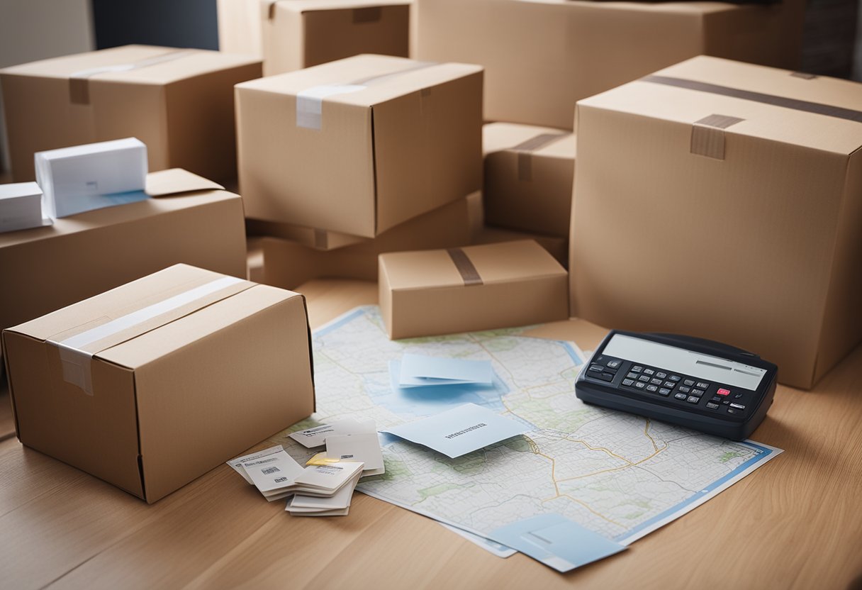 A family's belongings packed in boxes, ready for transport. A map and address labels on the table. The empty house in the background