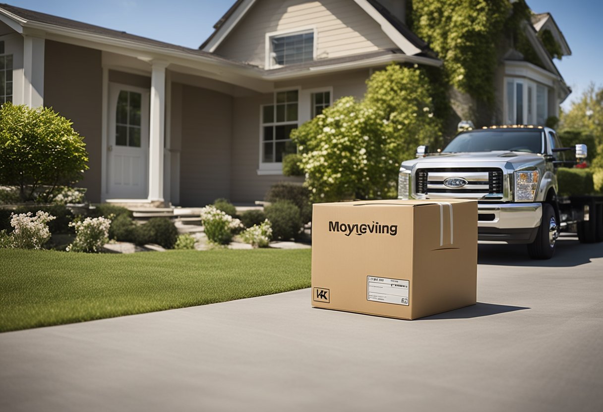 A box labeled "moving" sits next to a house, while a box labeled "relocating" is being loaded onto a moving truck