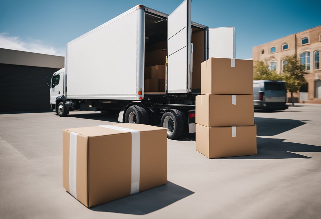 Boxes being packed, furniture wrapped, and labels being placed on items. Moving truck parked outside with movers loading belongings