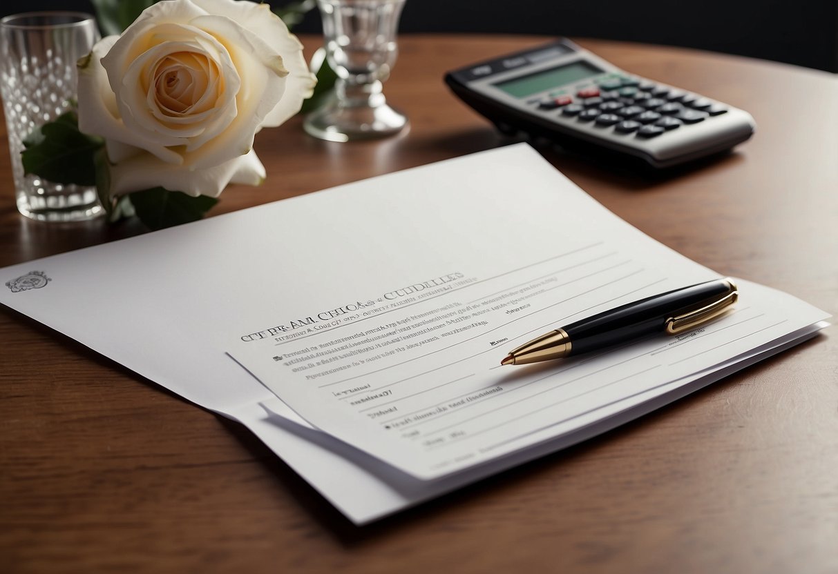 A table with a wedding invitation, pen, and calculator. A list of gift budget guidelines is visible