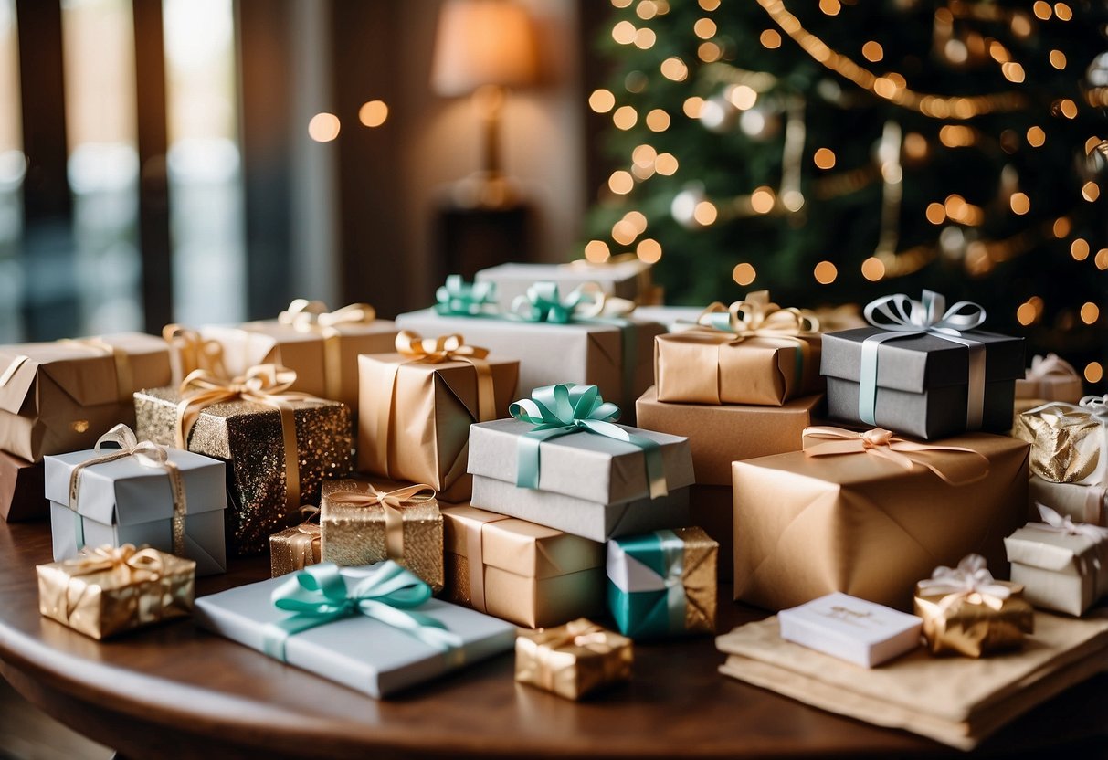 A wedding gift table overflowing with wrapped presents, envelopes, and decorative cards. A sign reads "Navigating Non-Monetary Gifts and Extras" with a question mark