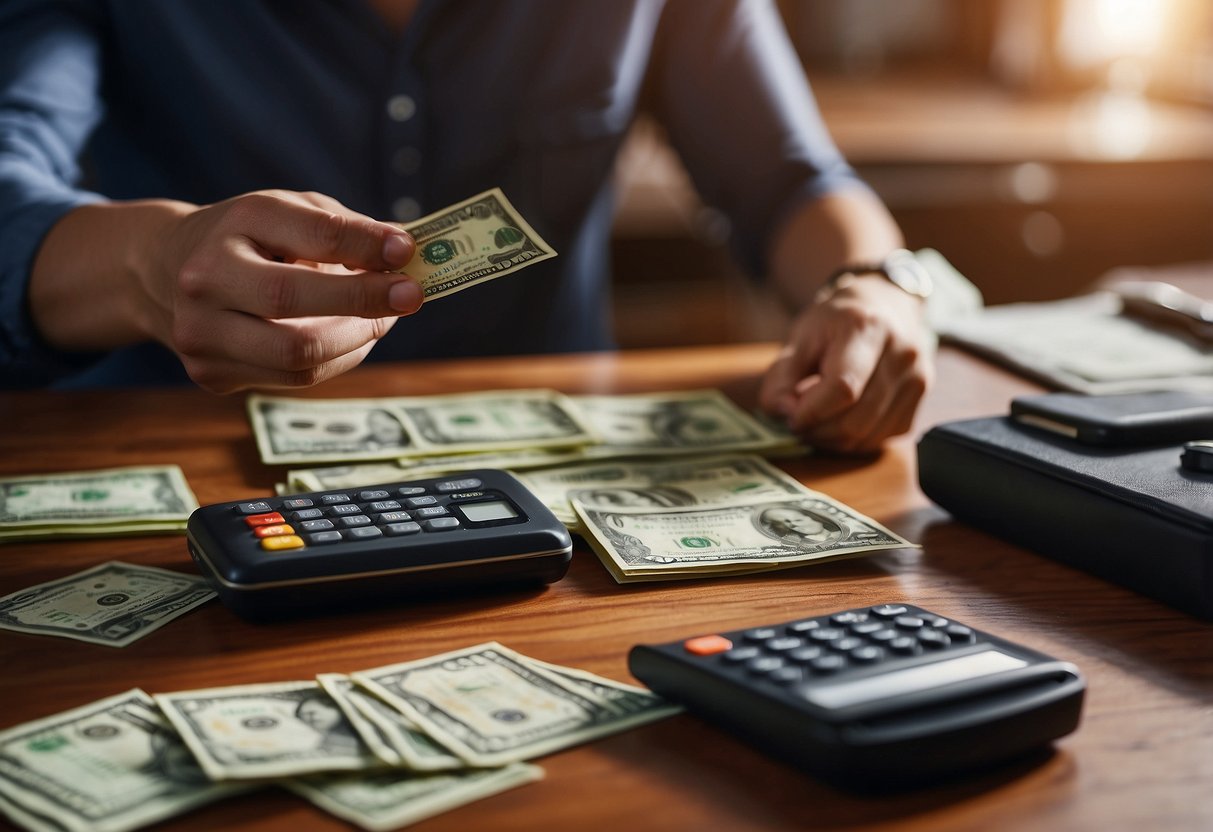 A traveler calculating expenses for a wedding gift, surrounded by currency notes and a gift card