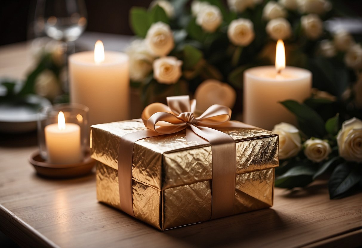 A beautifully wrapped gift box sits on a table, adorned with a delicate ribbon and a small card. Surrounding it are elegant floral arrangements and soft candlelight, creating a warm and inviting atmosphere