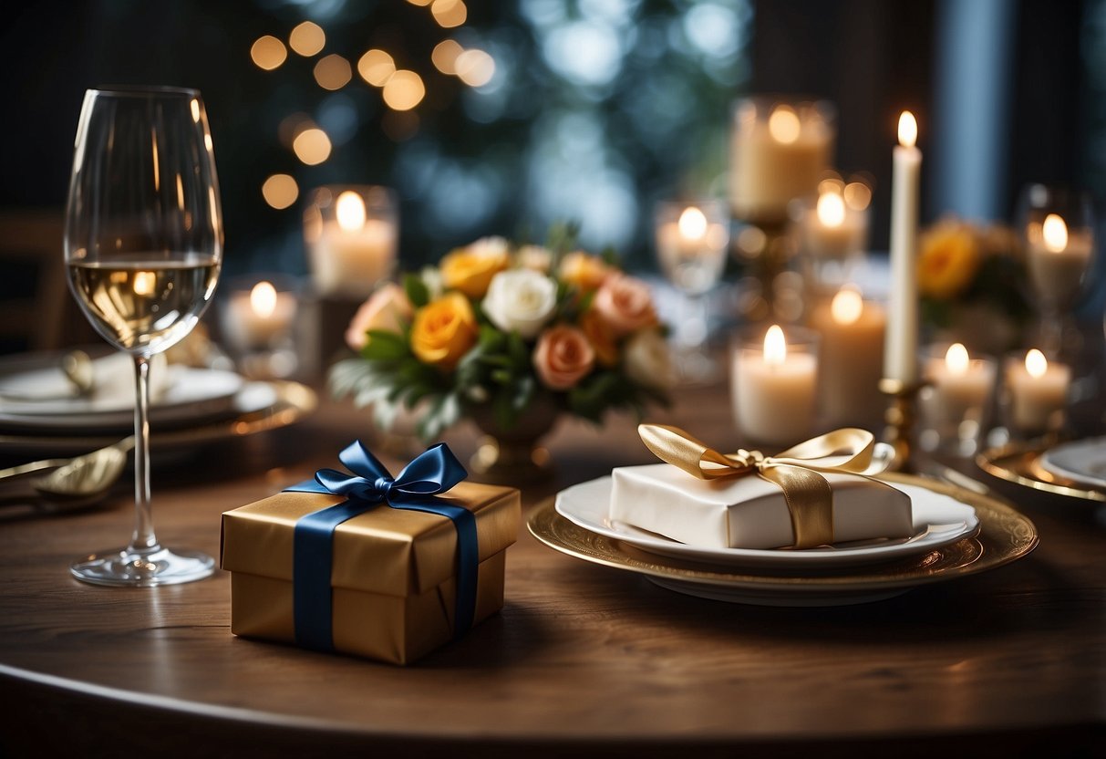 A table with various gift options for different relationships, with a wedding gift prominently displayed. Labels indicate suggested amounts for each relationship