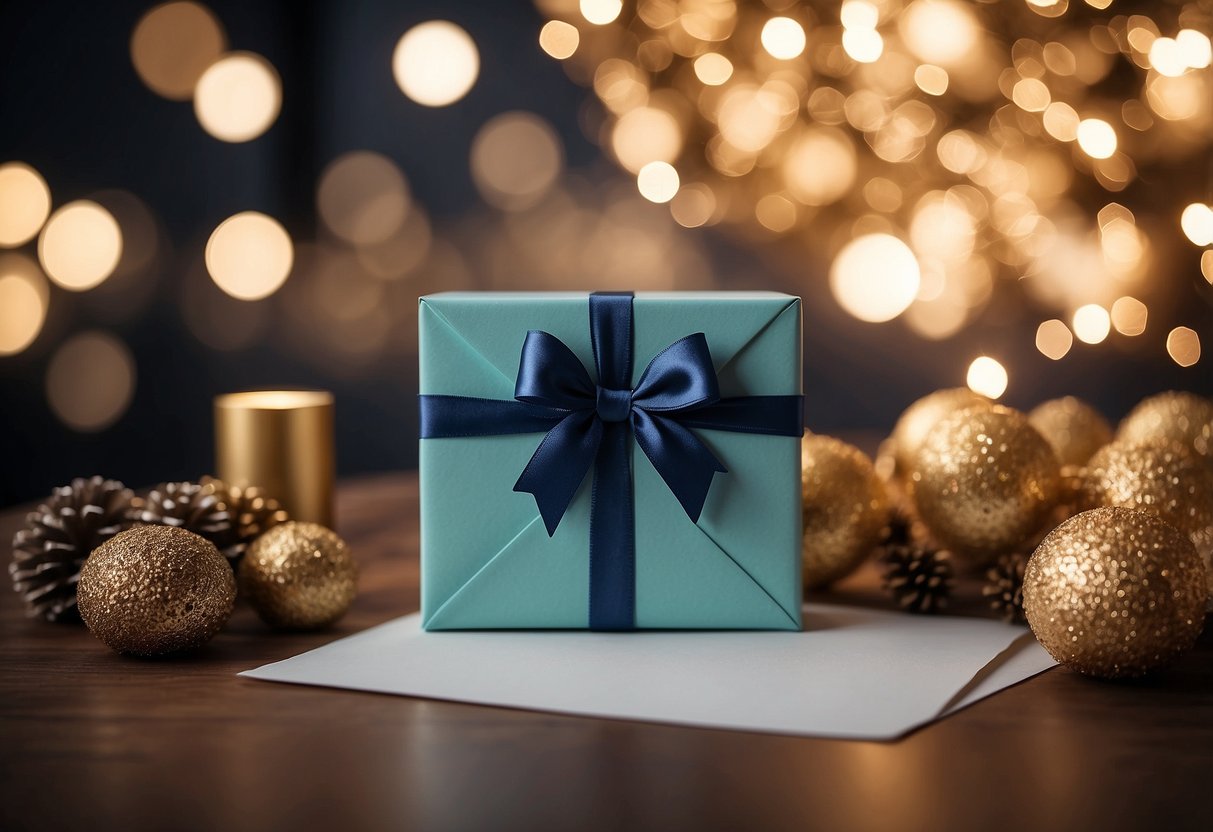 A beautifully wrapped gift box with a decorative bow sitting on a table next to a congratulatory card and a stack of envelopes