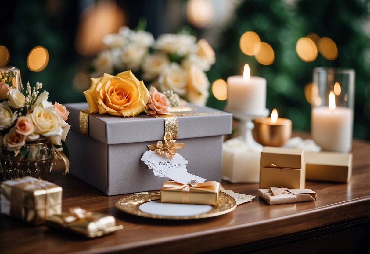 A table with a decorative box for cards, a sign indicating gift amounts, and a stack of envelopes labeled "wedding gifts."