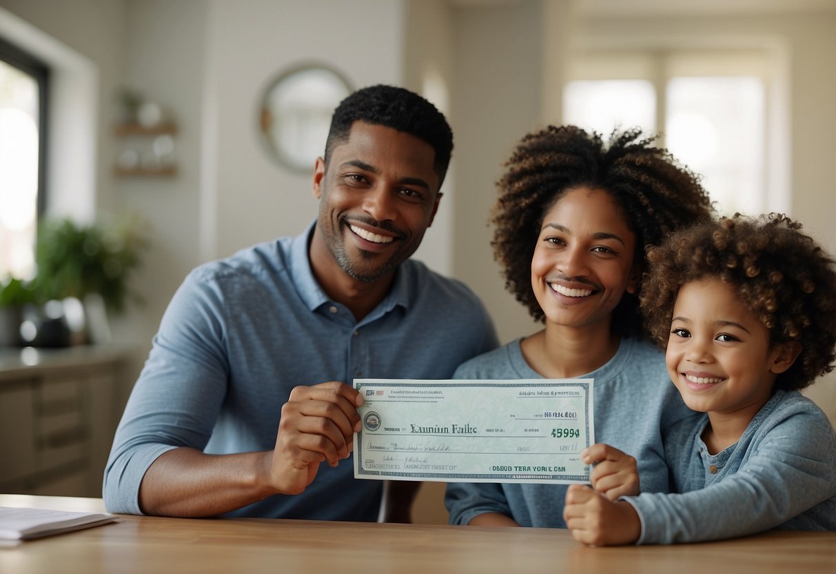 A family happily receives a check from their life insurance provider, showing relief and security in the face of unexpected illness or injury