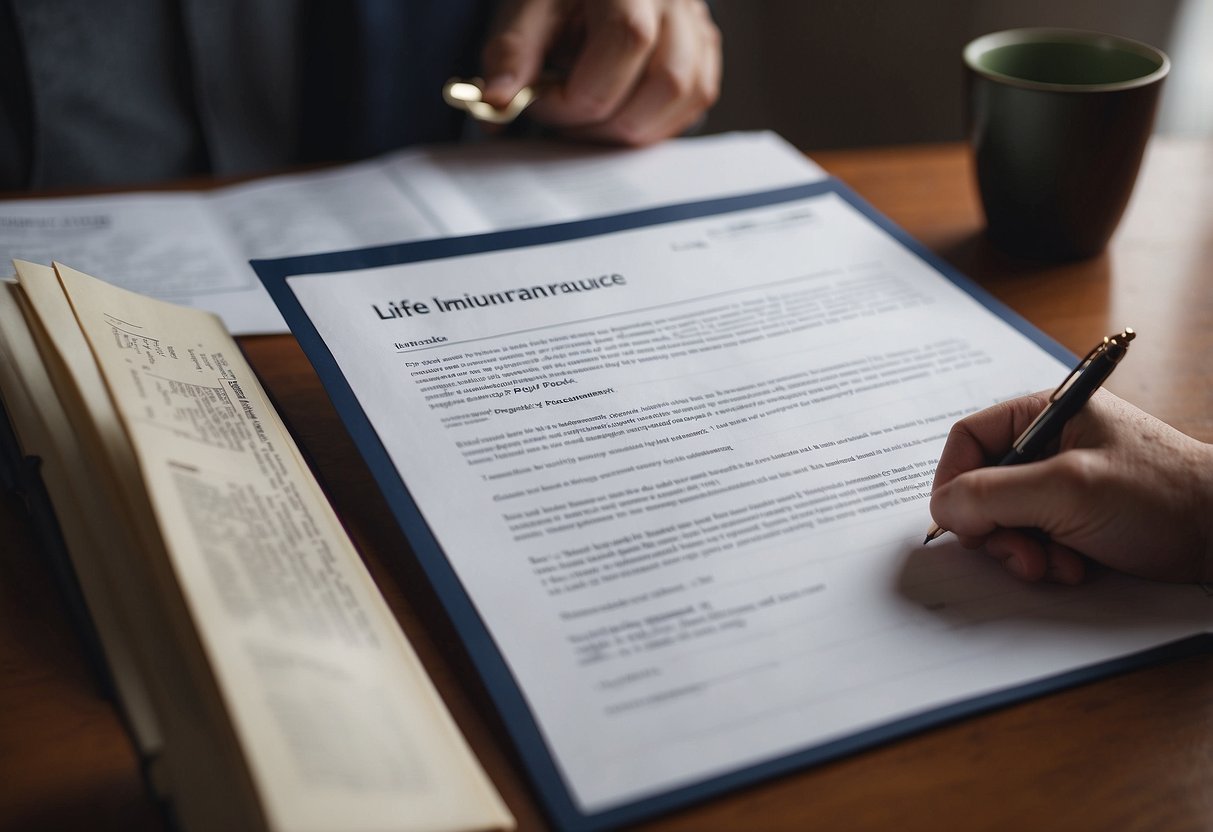 A person carefully reading through a living benefits life insurance policy, with a thoughtful expression on their face. The policy document is open on a desk, with a pen and notepad nearby