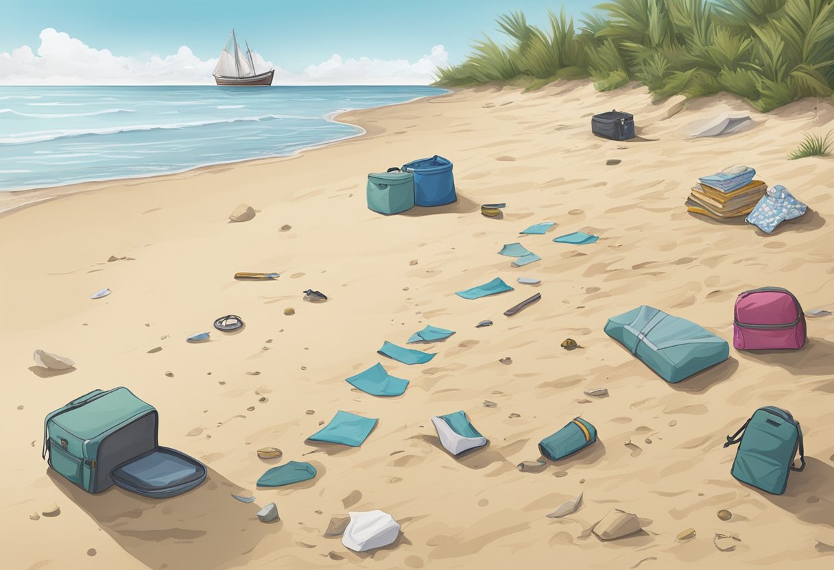 A deserted beach with scattered belongings and footprints leading to the water's edge