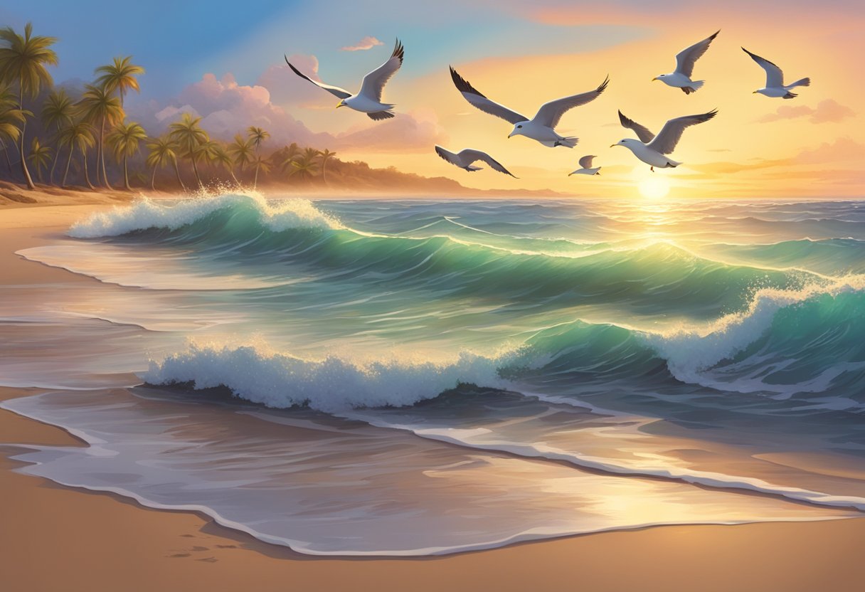 A serene beach at sunset, with waves gently crashing on the shore and seagulls soaring in the sky