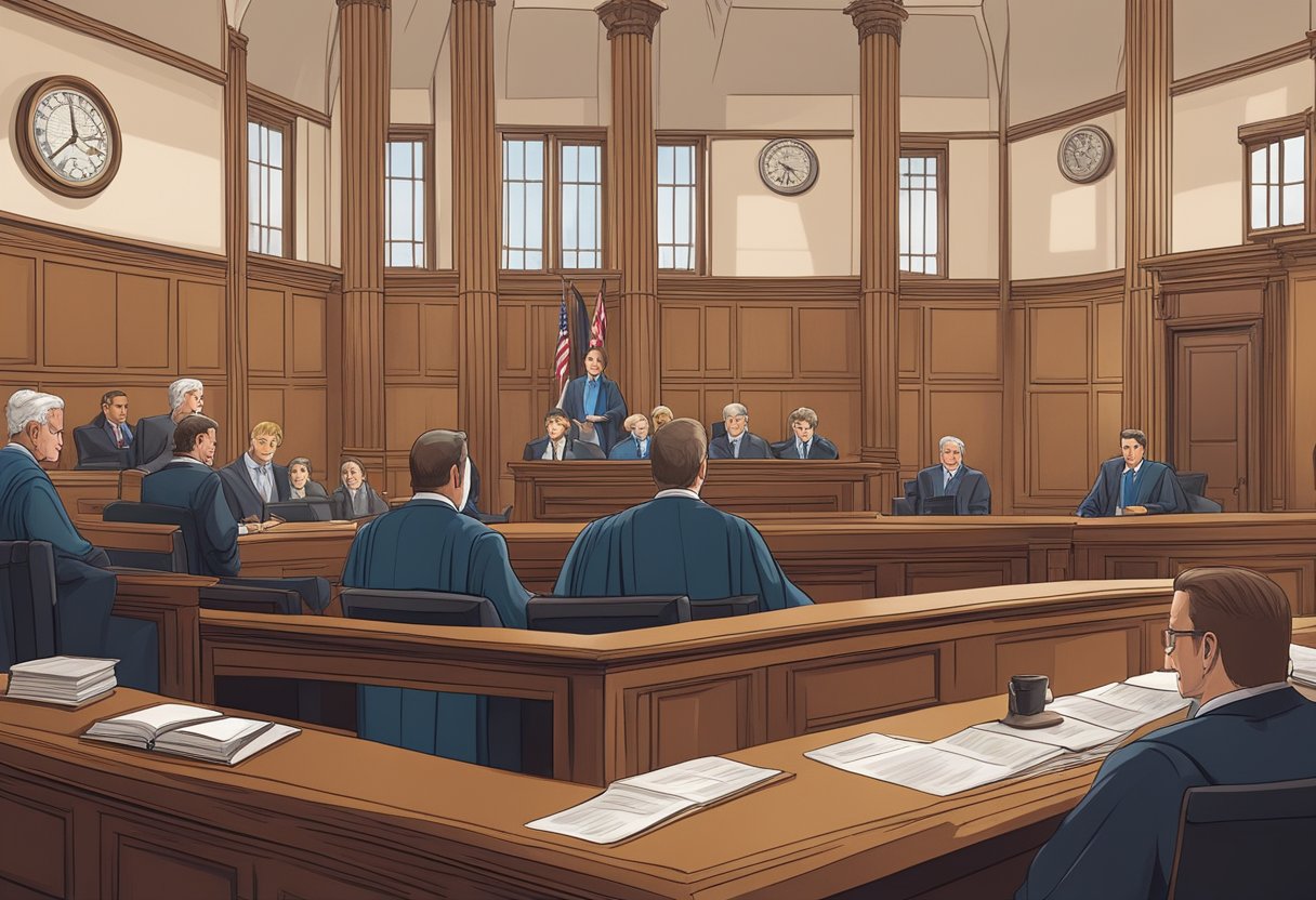 A courtroom with a judge presiding over a trial, lawyers presenting evidence, and a tense atmosphere