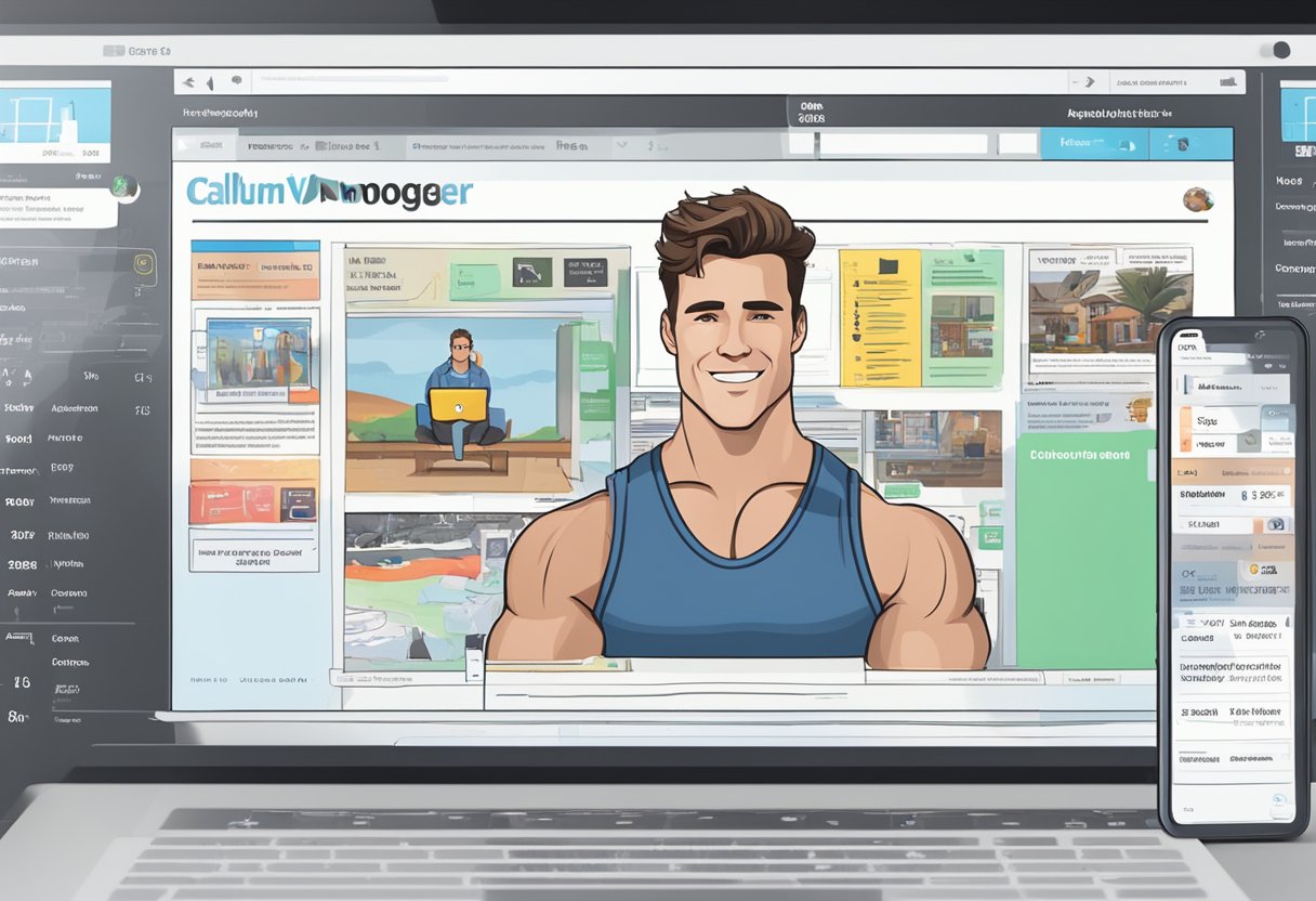 A computer screen shows trending hashtags, a viral video, and a news article about Calum von Moger's recent activities