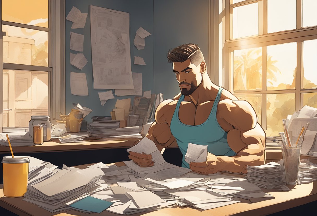 A cluttered desk with scattered papers, a half-finished protein shake, and a torn photo of a bodybuilder. Sunlight streams through the window, casting a warm glow on the chaotic scene