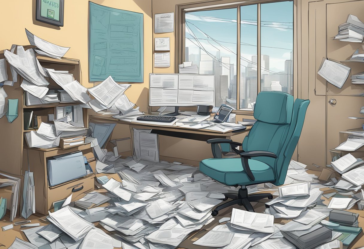 Delilah's office in disarray, papers scattered, computer screen cracked. Phone off the hook, chair overturned. Signs of struggle