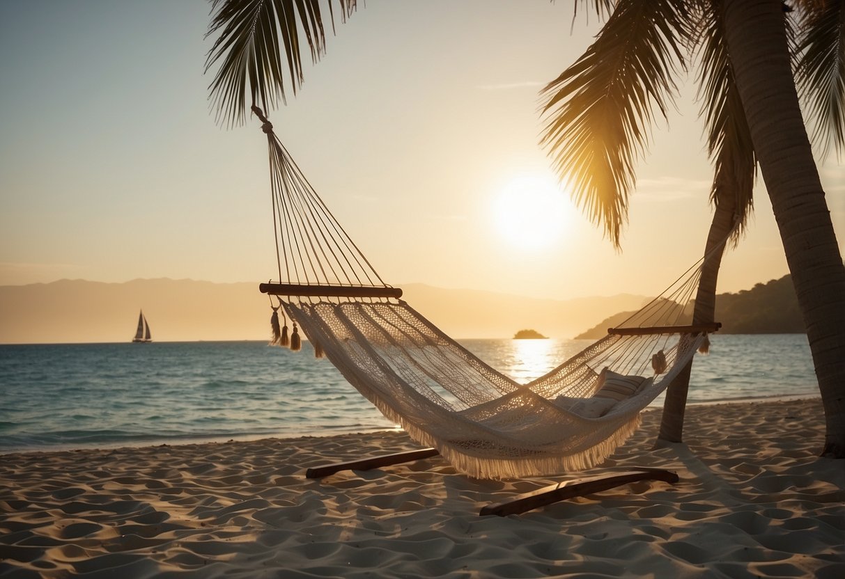 A serene beach with a hammock under a palm tree, overlooking a crystal-clear ocean with a setting sun and a sailboat in the distance