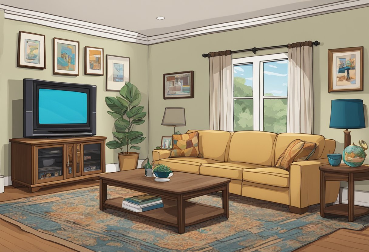 A living room with a TV showing "Family Matters" on the screen. Family photos and memorabilia are displayed on the walls, showcasing the cultural impact of the show