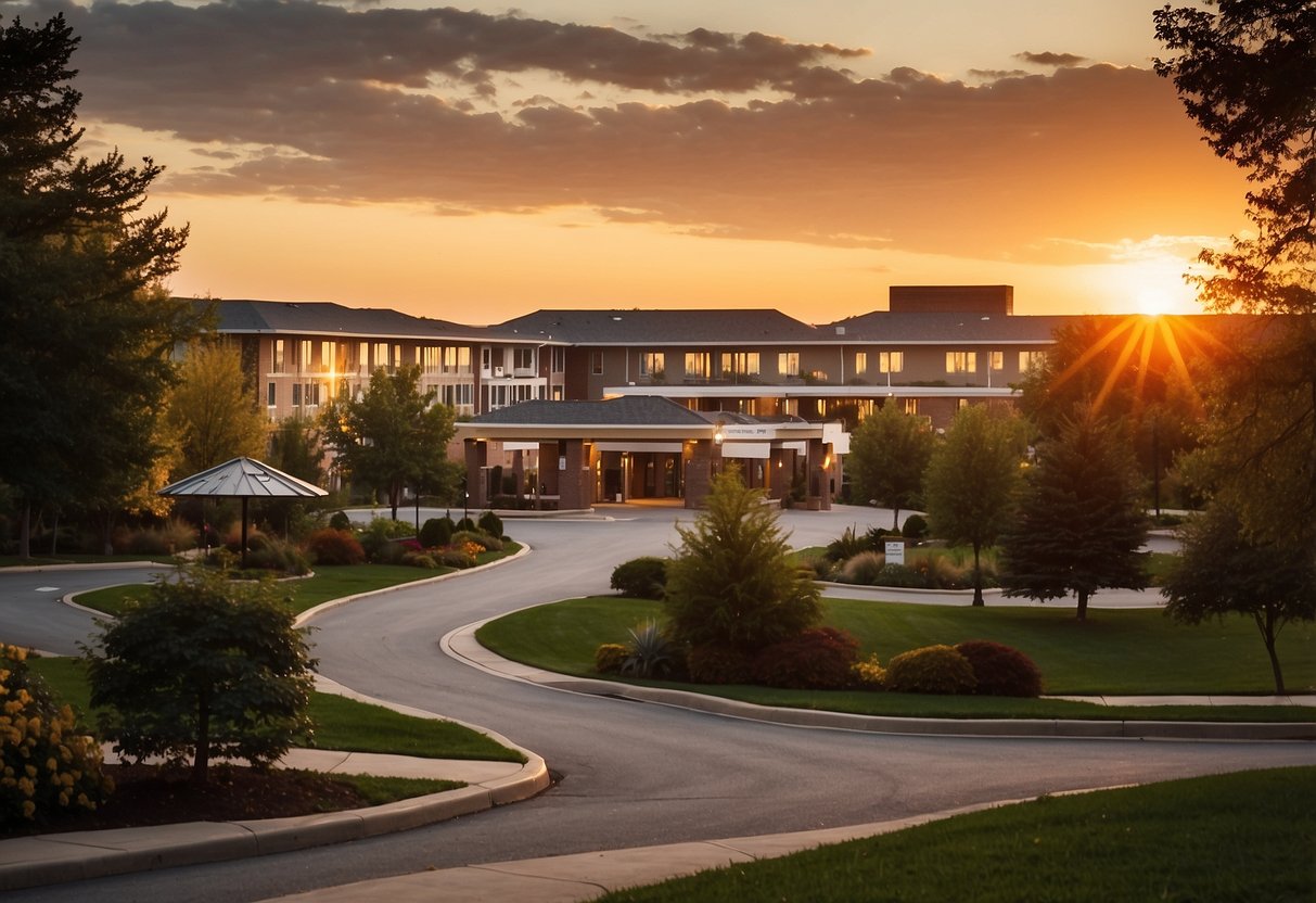 A peaceful, serene landscape with a prominent hospital and a glowing golden sun setting behind a retirement community, symbolizing tax-free retirement and healthcare