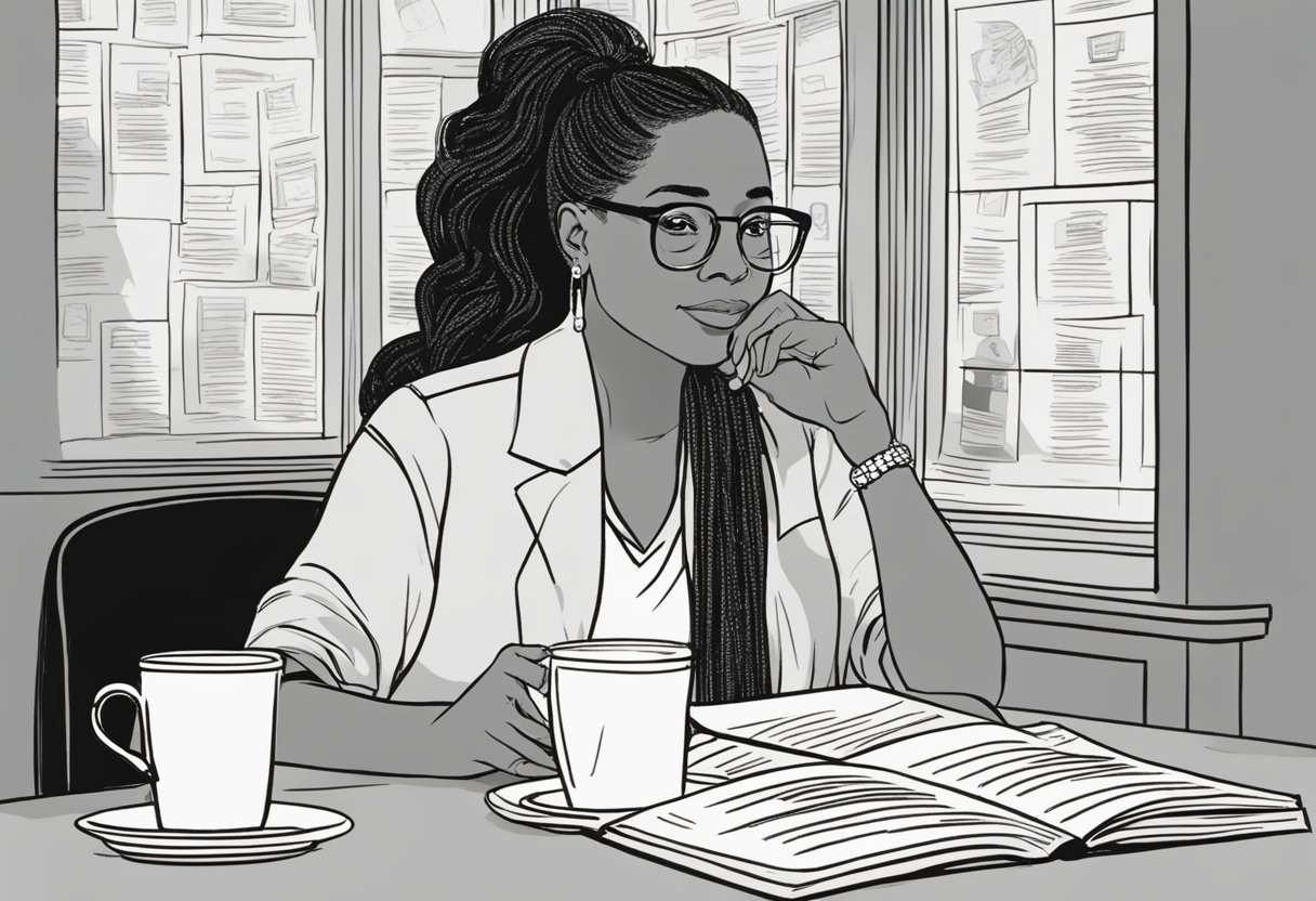 Judy from Family Matters sits alone in a coffee shop, surrounded by scripts and headshots. She gazes out the window, contemplating her next career move