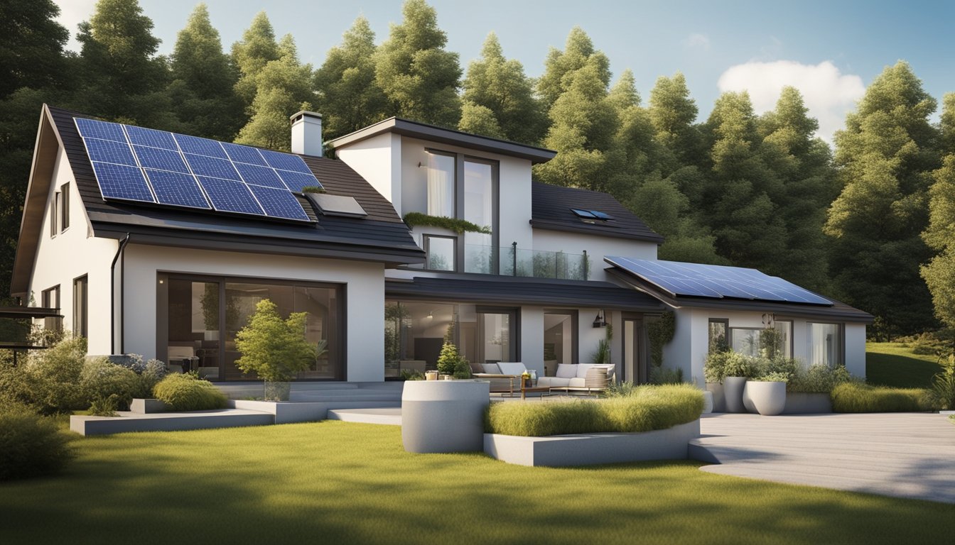 A cozy home with solar panels on the roof, a wind turbine in the yard, and energy-efficient appliances inside