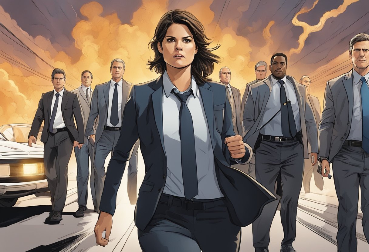 Missy Peregrym's character is in a high-stress situation, surrounded by FBI agents, with intense expressions and a sense of urgency in the air