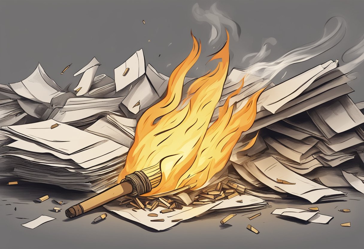 A flickering match ignites a pile of papers, causing concern