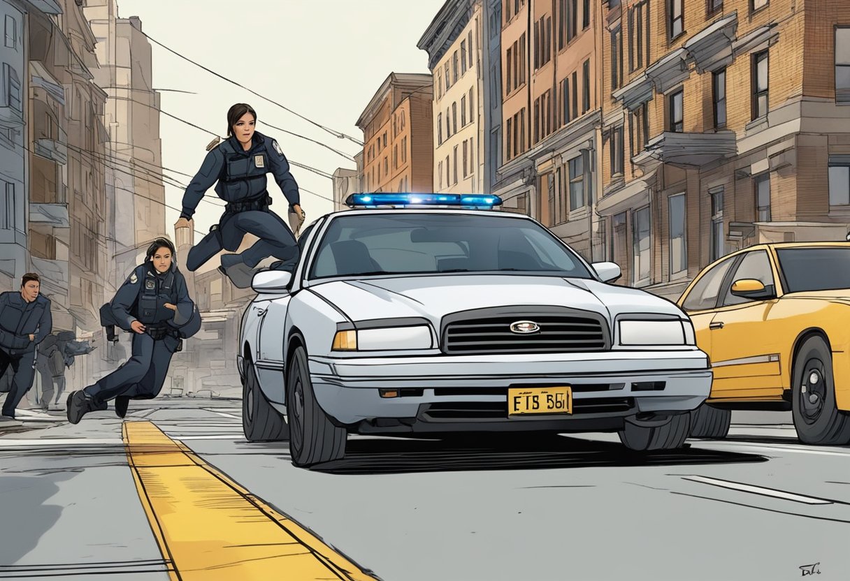 Missy Peregrym's character is caught in a high-speed chase, with FBI agents racing through the city streets in pursuit of a suspect. The scene is filled with tension and adrenaline as the agents work to apprehend the criminal