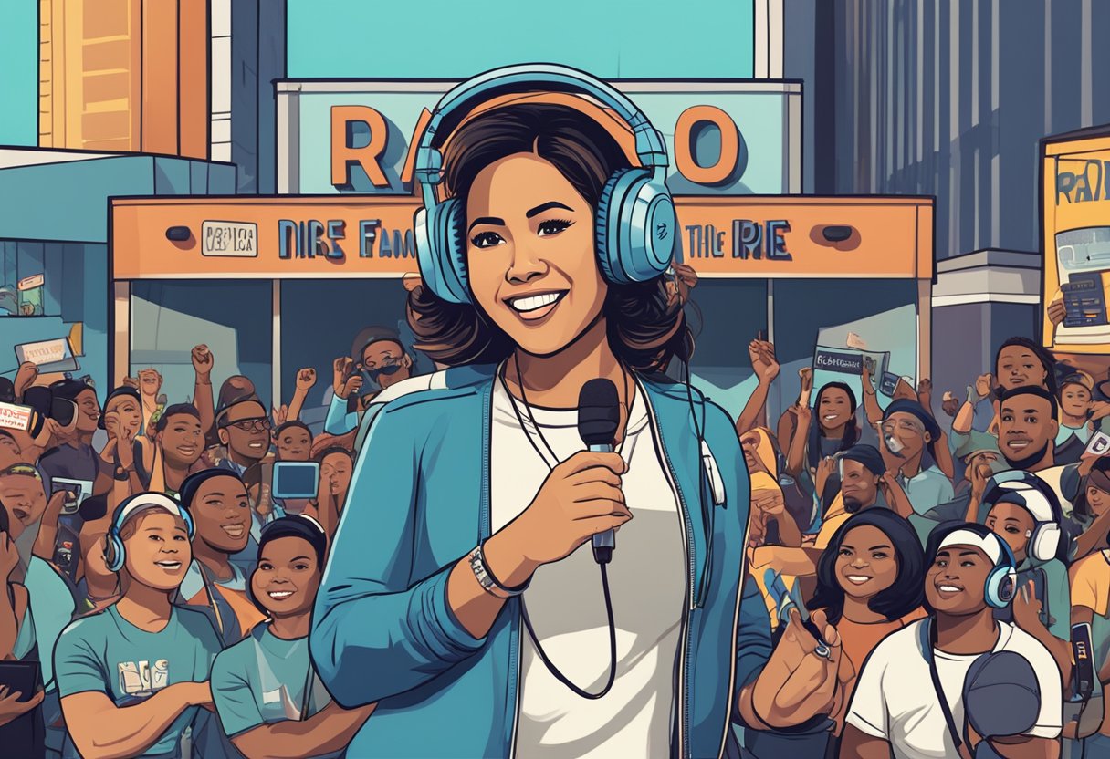 Angela Yee's rise to fame: Radio studio with microphone, headphones, and on-air sign. Crowd outside with fans holding signs. Social media engagement and interviews