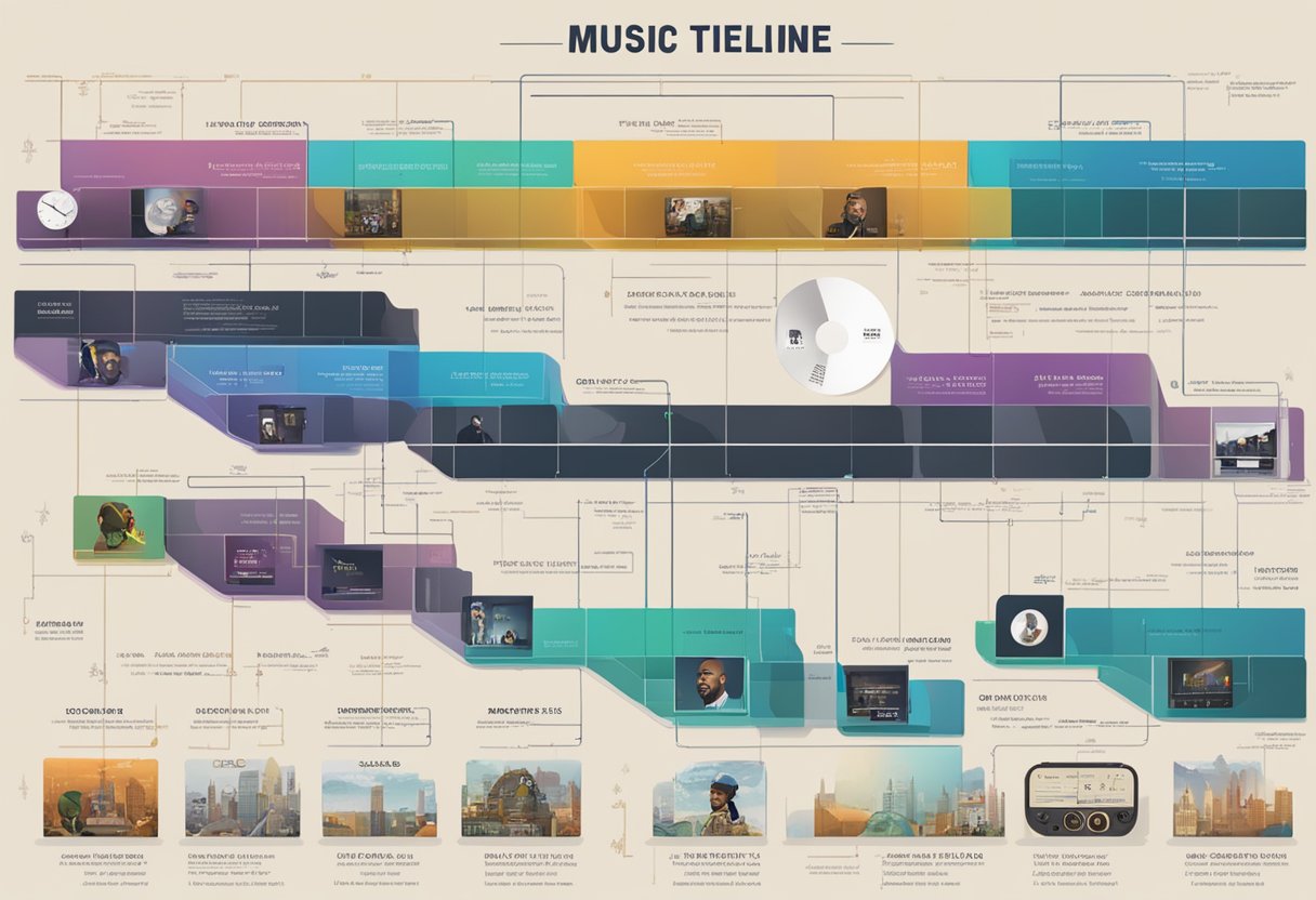 A music timeline with albums and milestones, featuring DD Osama's discography and career highlights