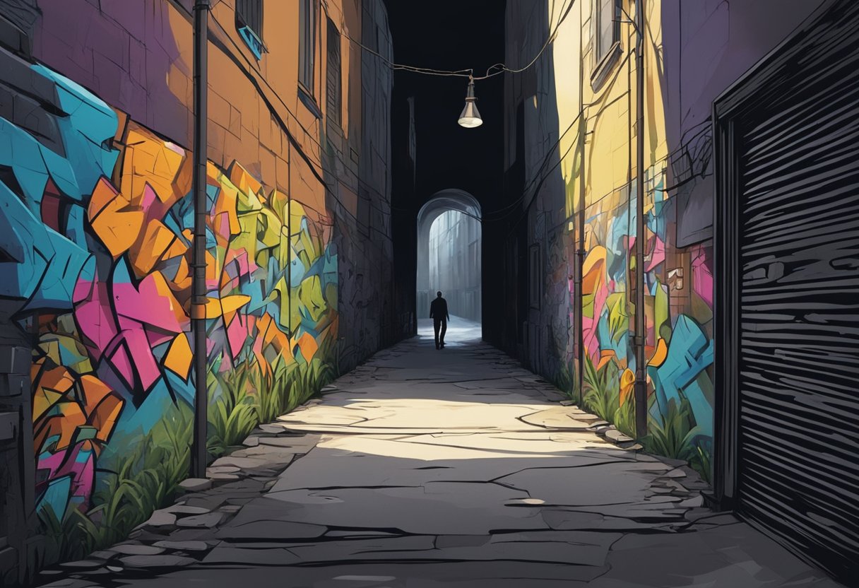 A dark, abandoned alleyway with graffiti-covered walls and a mysterious figure lurking in the shadows