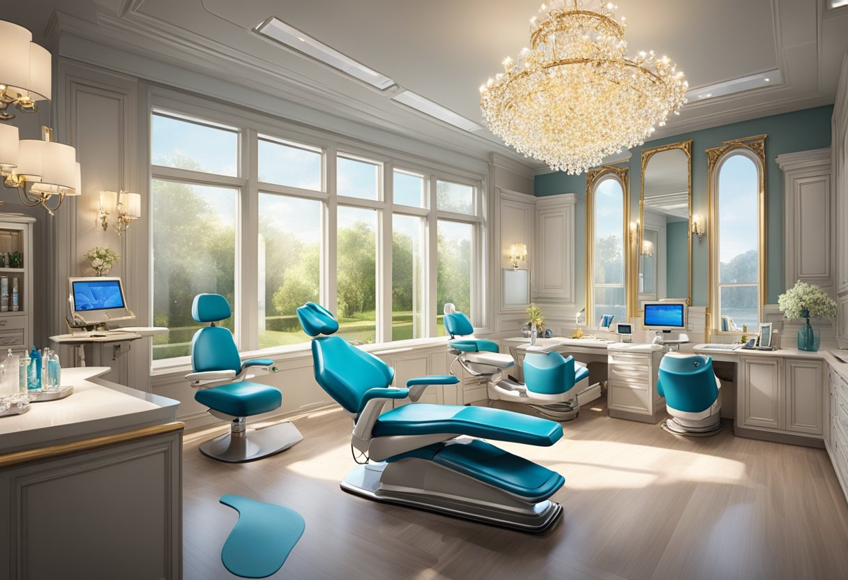 A luxurious dental office with sparkling chandeliers and plush seating. A celebrity reclines in a state-of-the-art dental chair, as a team of experts meticulously work on her teeth, ensuring a flawless smile