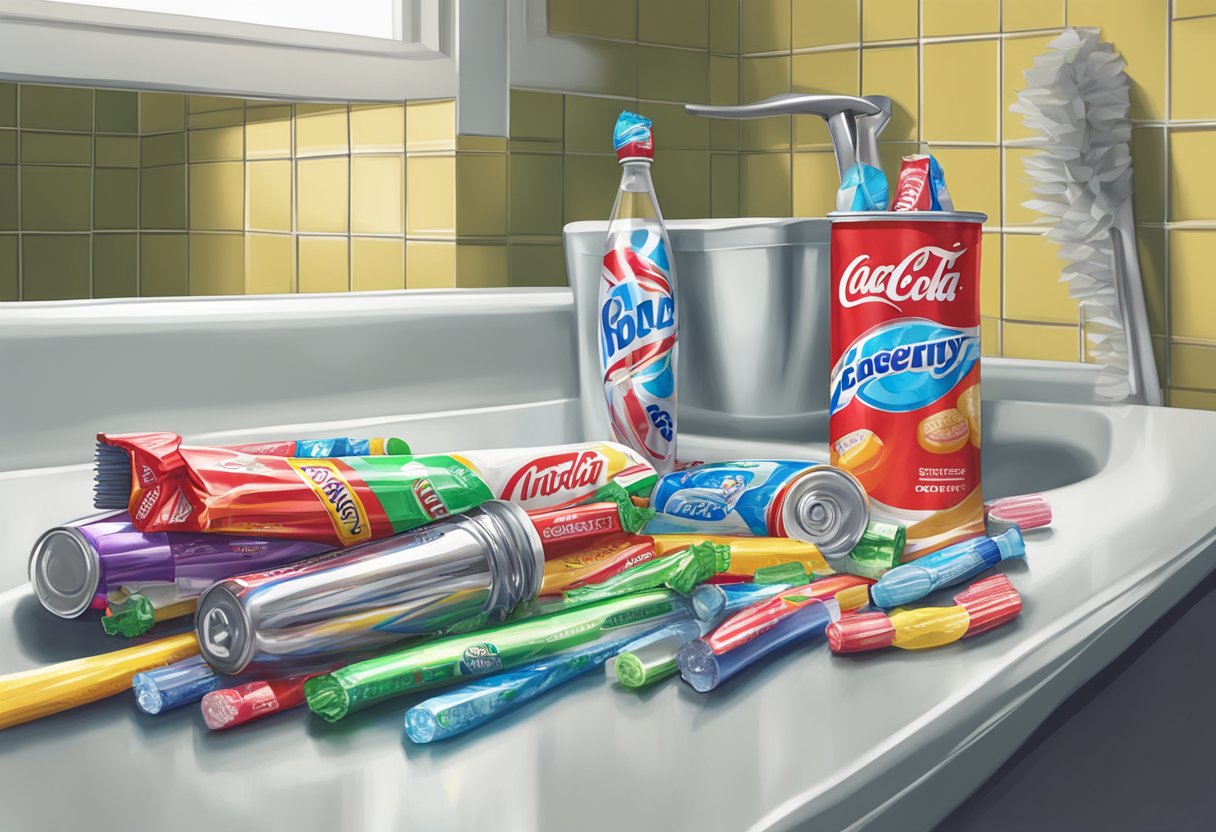 A sparkling toothbrush sits untouched on a bathroom counter, overshadowed by a pile of discarded candy wrappers and empty soda cans