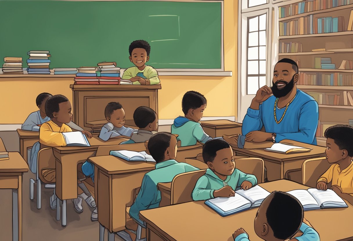 Mr. T's early life and education: a young boy studying in a small classroom with books and a chalkboard, surrounded by a supportive community