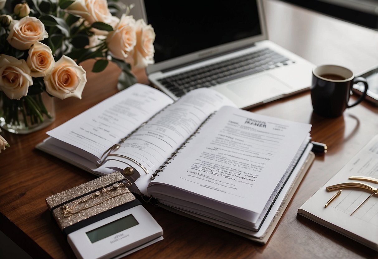 A busy office desk with a laptop, planner, and wedding magazines. A "How to Become a Wedding Planner" book is open, surrounded by notes and a business card