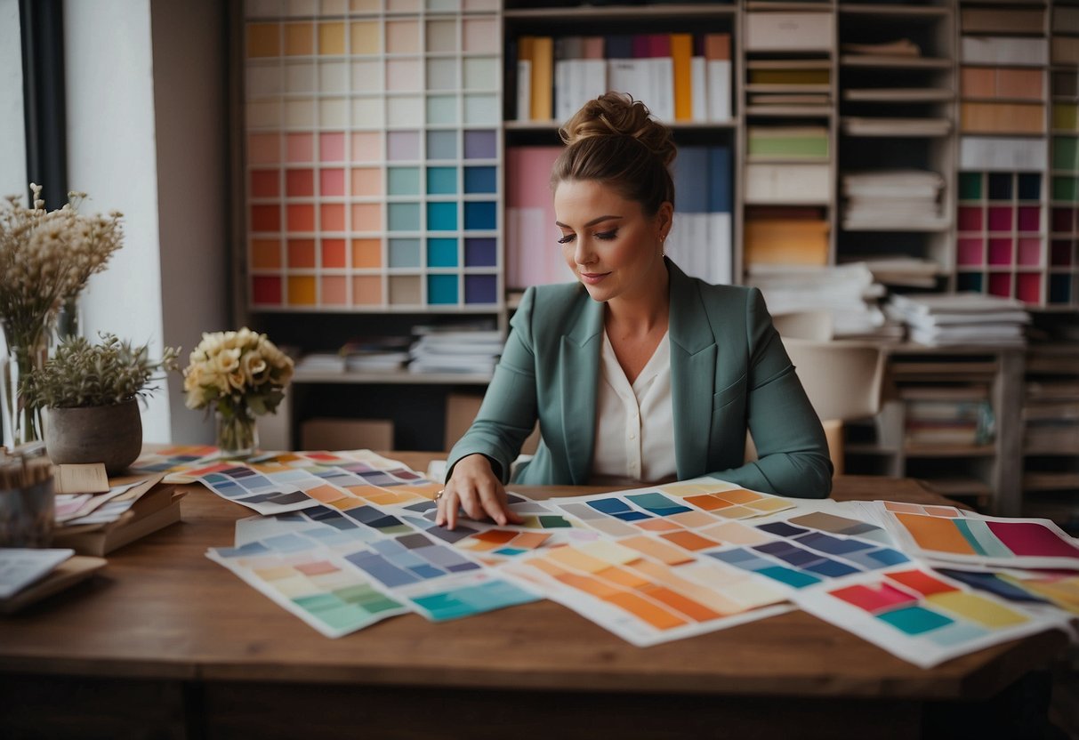 A wedding planner sits at a desk surrounded by color swatches, fabric samples, and a calendar. They are deep in thought, carefully organizing and scheduling every detail of the upcoming event