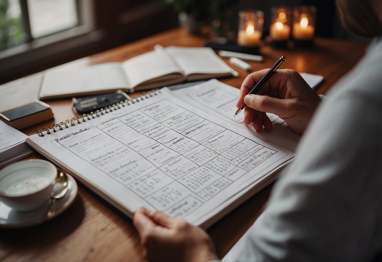 A person reviewing a detailed wedding planning checklist with a calendar and notes, surrounded by books and resources on event coordination