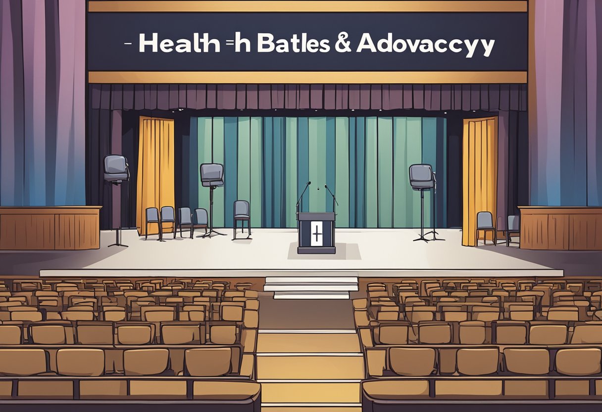 A microphone stands alone on a stage, surrounded by empty chairs. A banner with the words "Health Battles and Advocacy" hangs in the background