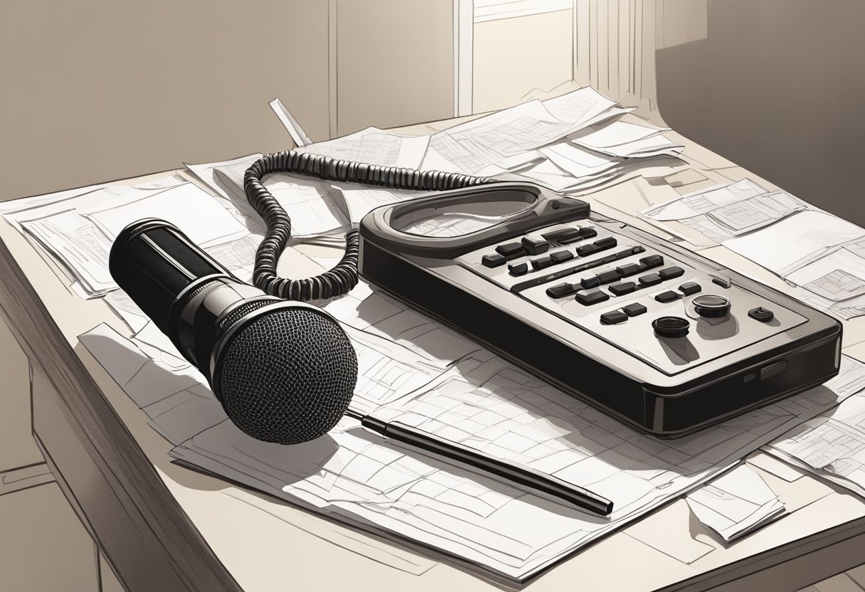 A radio microphone sits abandoned on a desk, surrounded by scattered papers and an empty coffee cup. The studio is quiet, with the glow of the control panel casting a soft light on the scene