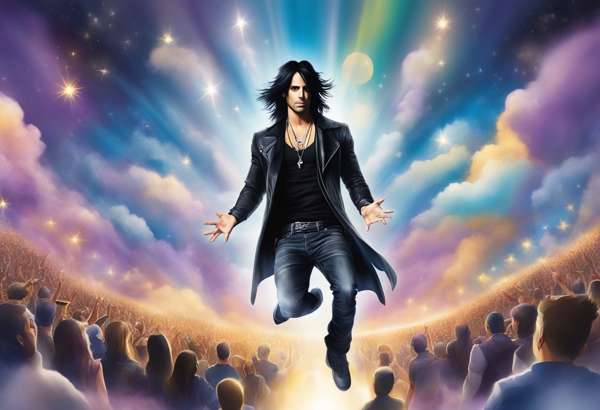 Criss Angel levitates above a crowd, surrounded by swirling clouds and bright lights