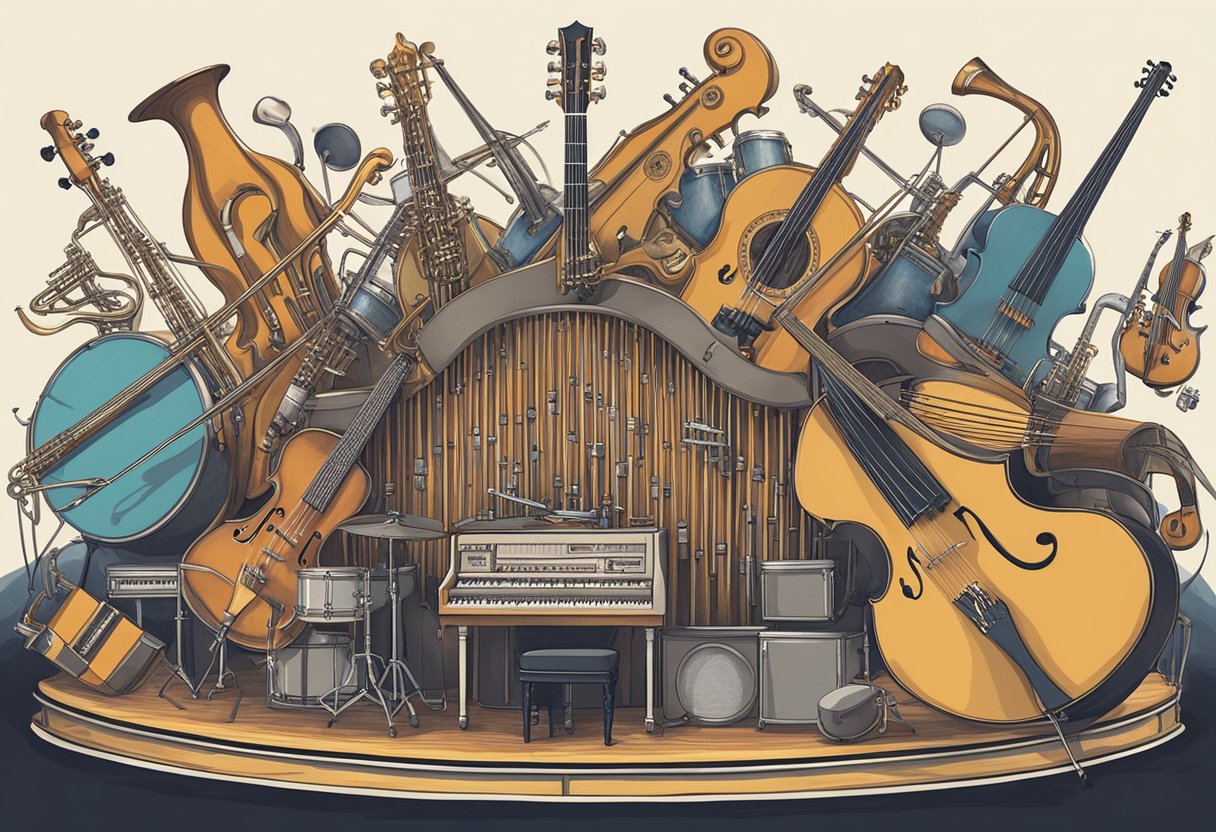 A stage with instruments from different eras, merging into one modern instrument. Collaborative musicians surround it, symbolizing musical evolution