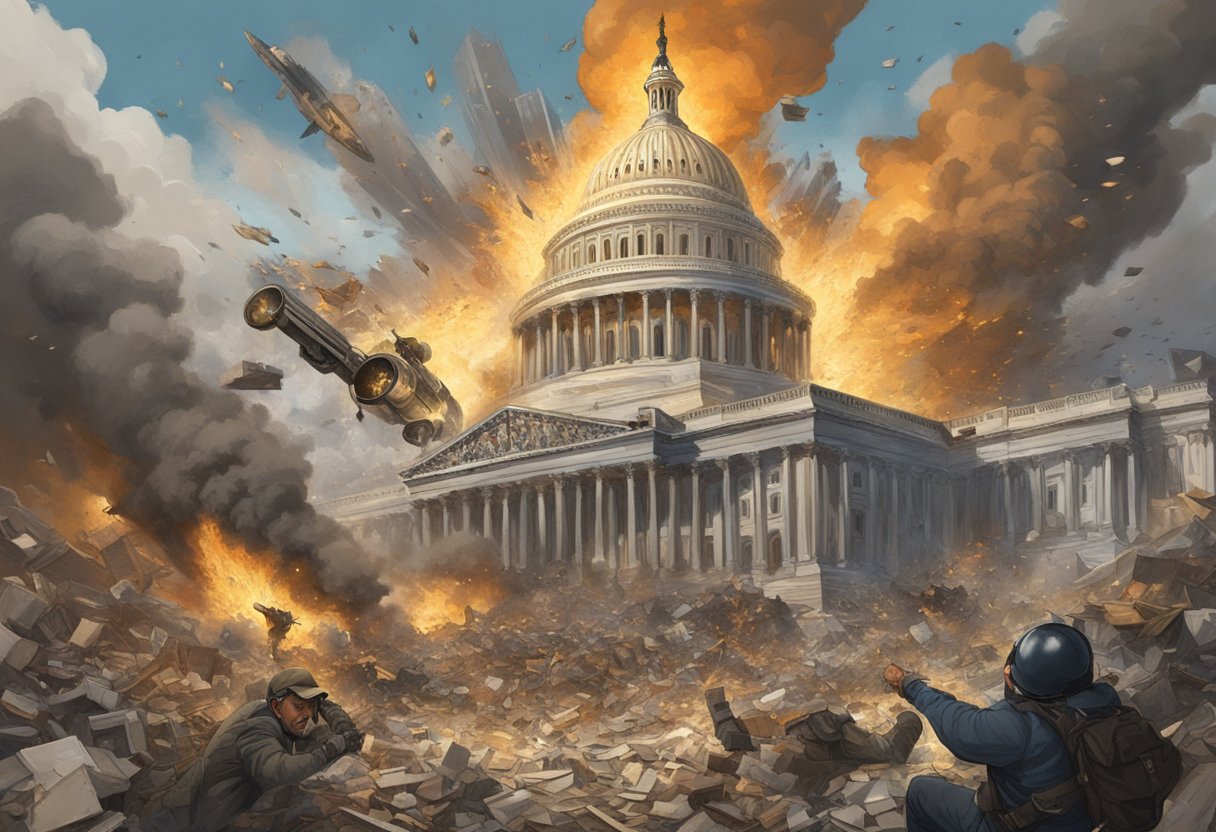 Lyor is caught in an explosion at the Capitol, surrounded by chaos and debris