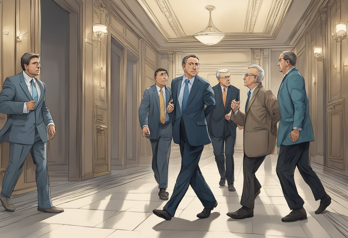 In the corridors of power, Lyor is confronted by a group of powerful individuals, tensions running high as they engage in heated discussions and negotiations