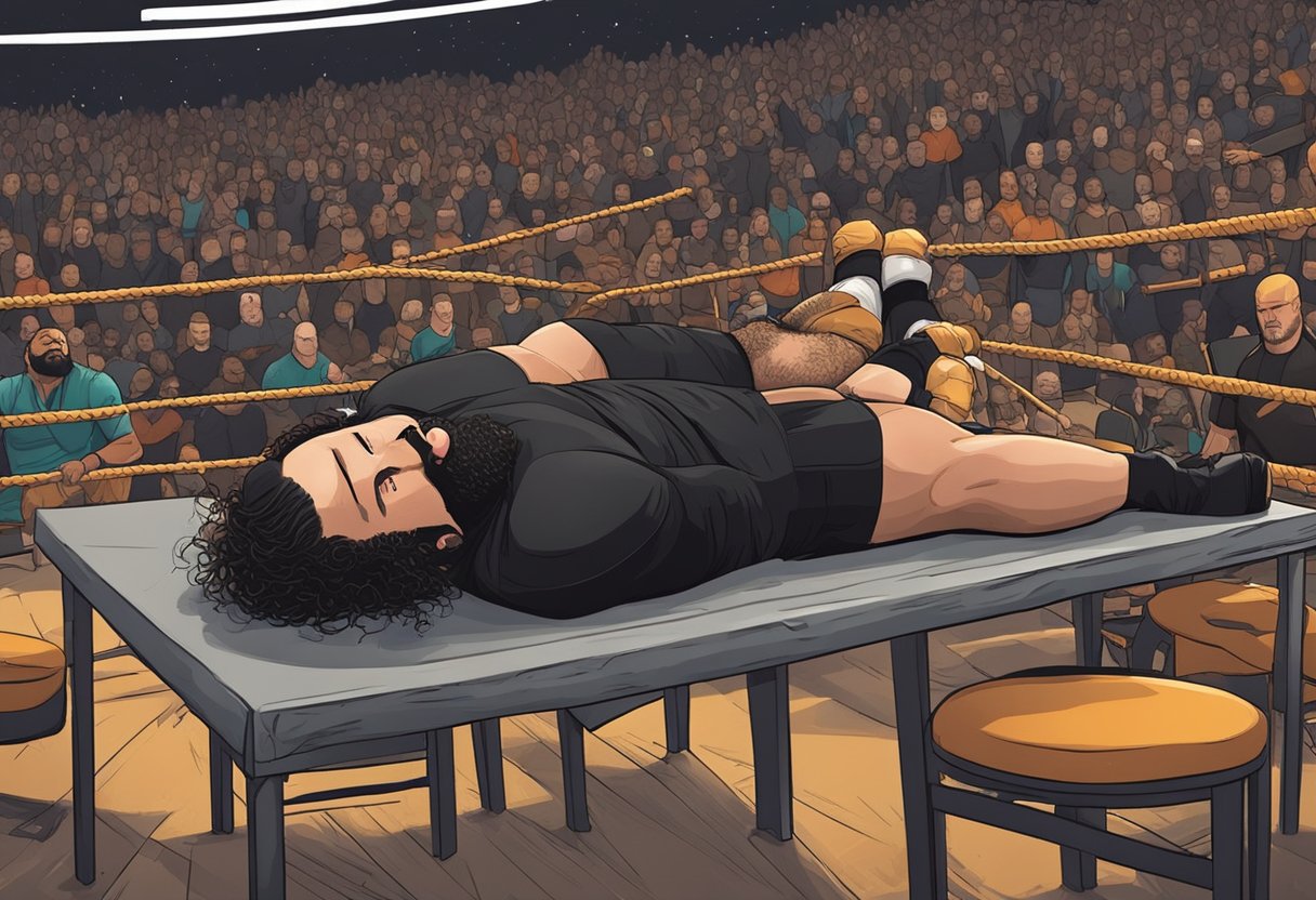 Braun Strowman lies unconscious in the ring, surrounded by broken tables and chairs, after a brutal attack