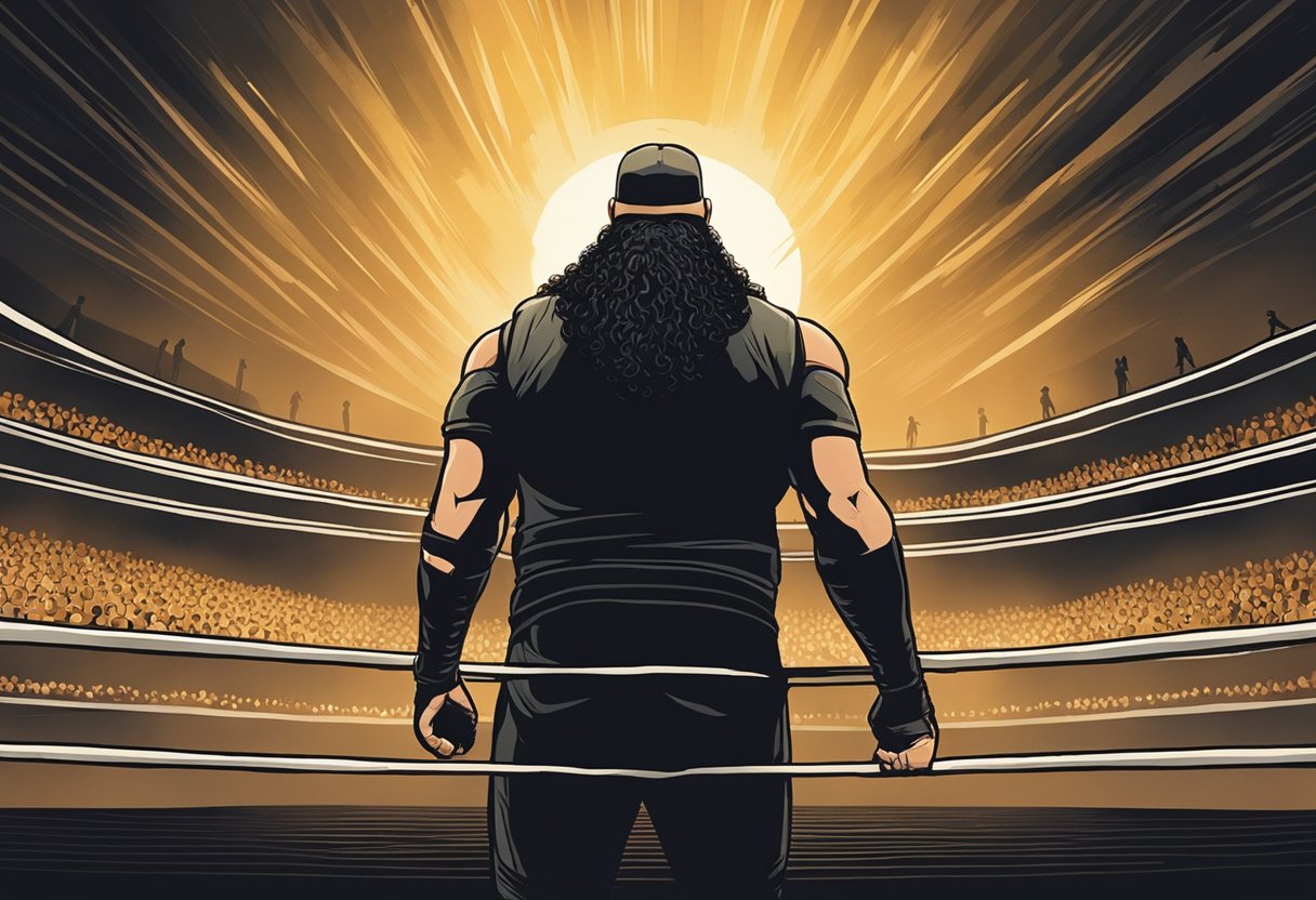 Braun Strowman's emotional return: spotlight on a lone figure standing in the center of a dark, empty arena, surrounded by a hushed crowd