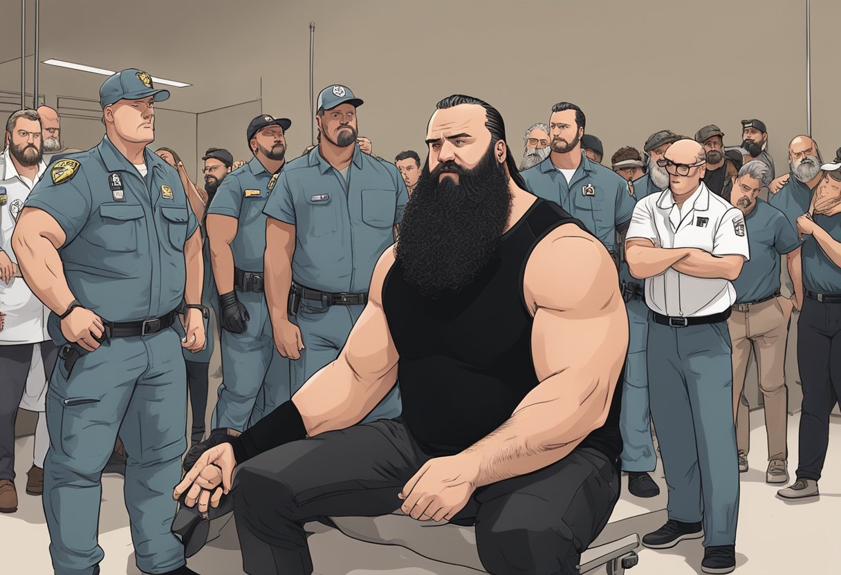 Braun Strowman's backstage injury unfolds as he clutches his shoulder in pain, surrounded by concerned onlookers and medical personnel