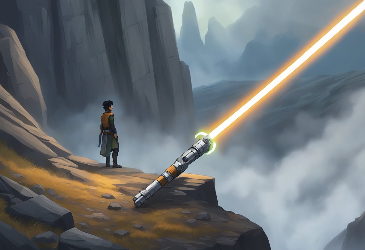 Ezra Bridger's abandoned lightsaber lies on a rocky cliff, surrounded by swirling mist and ominous shadows