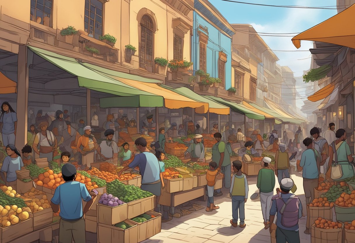 A bustling marketplace with vendors selling goods, children playing, and a sense of normalcy before the mysterious disappearance of Ezra Bridger