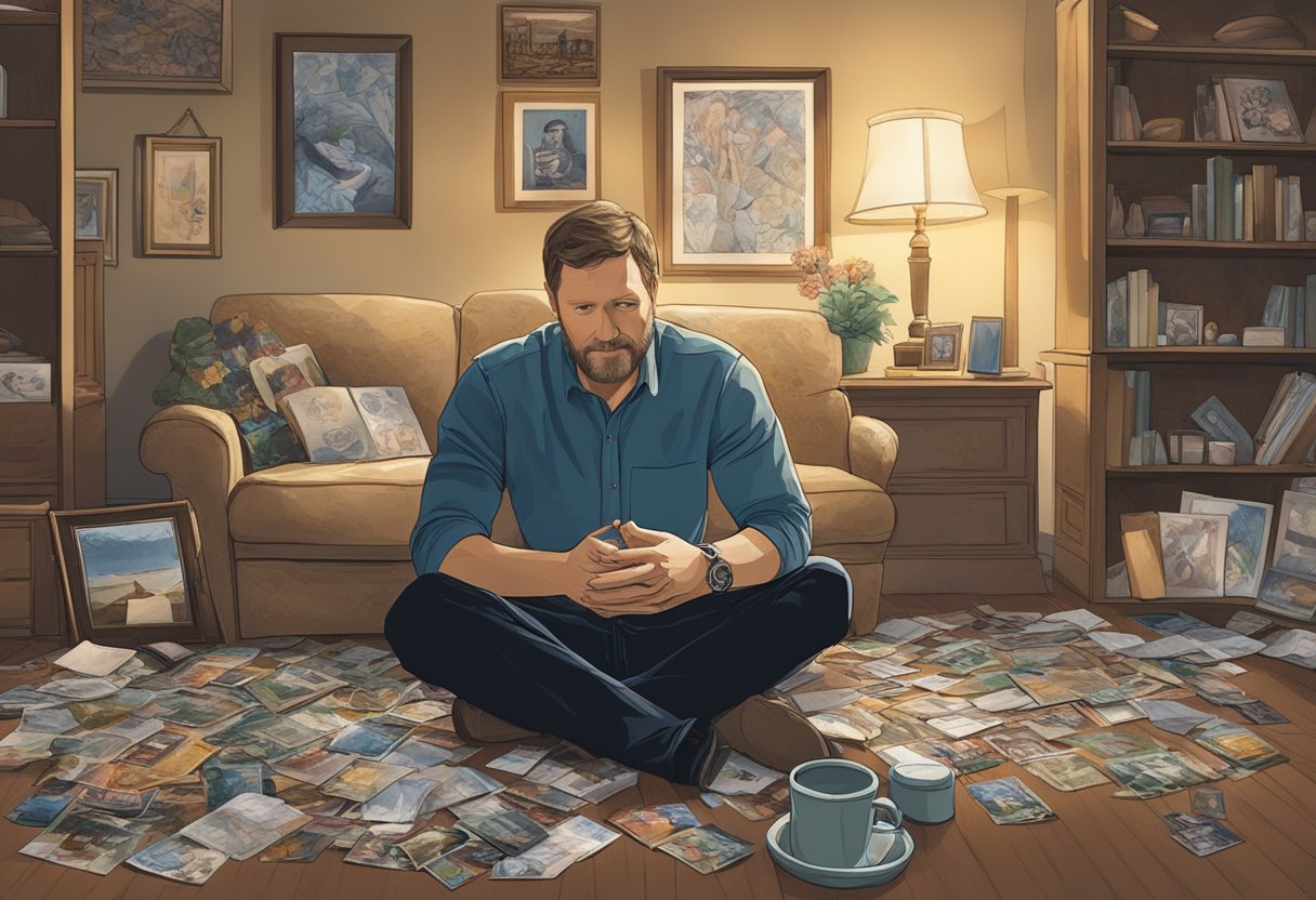 Craig Morgan sits alone in a dimly lit room, surrounded by scattered photos and mementos of his late wife. A single tear rolls down his cheek as he clutches a cherished keepsake in his hand