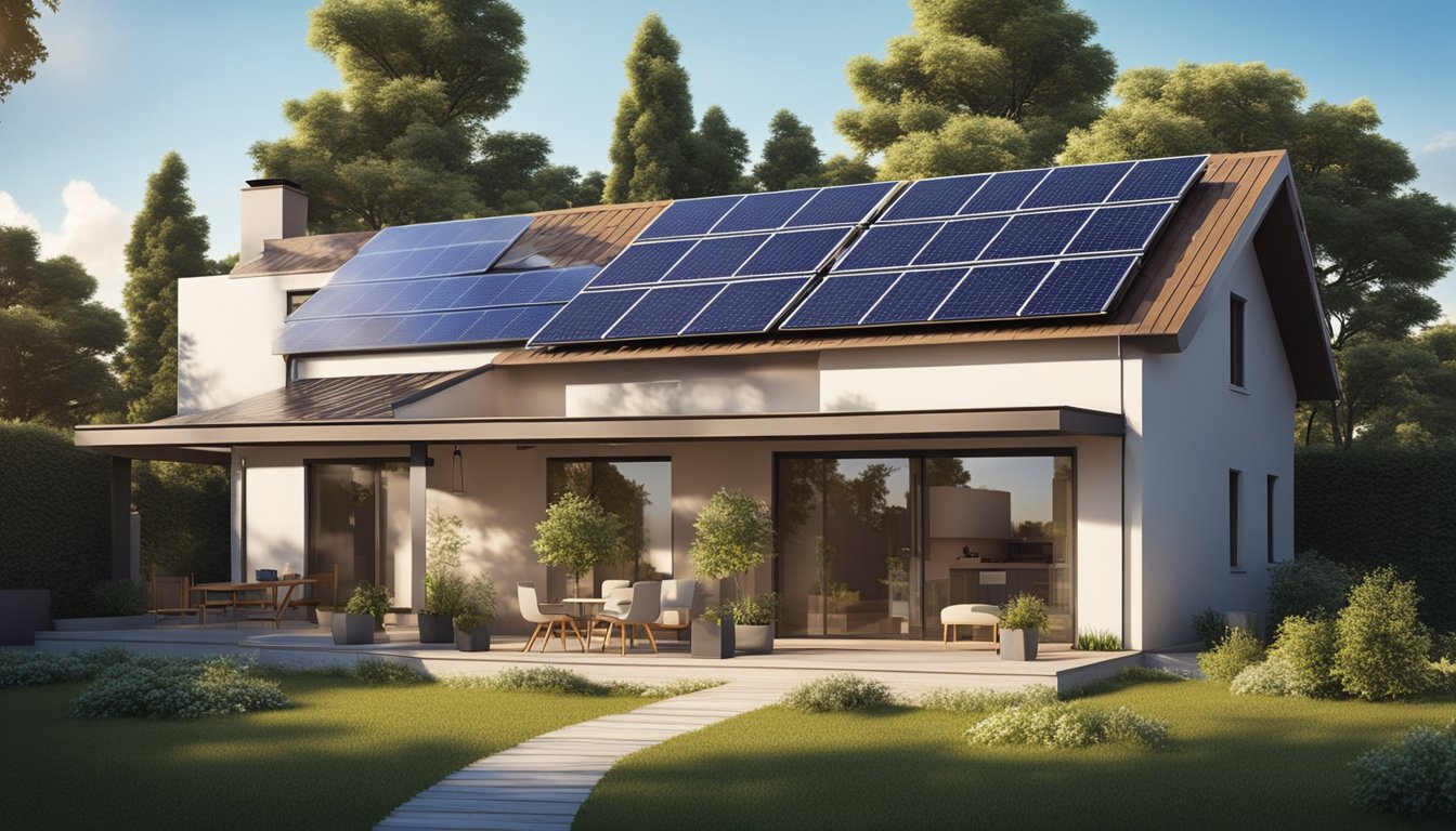 A cozy home with solar panels on the roof, a wind turbine in the yard, and energy-efficient appliances. The sun is shining, and the lights inside are glowing