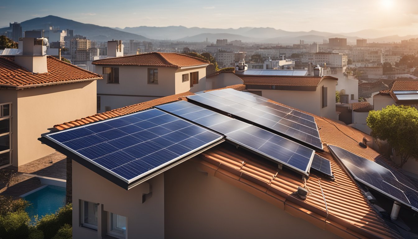 A solar panel on a rooftop, connected to a battery storage unit, with wires running to an inverter and then to various appliances in a home